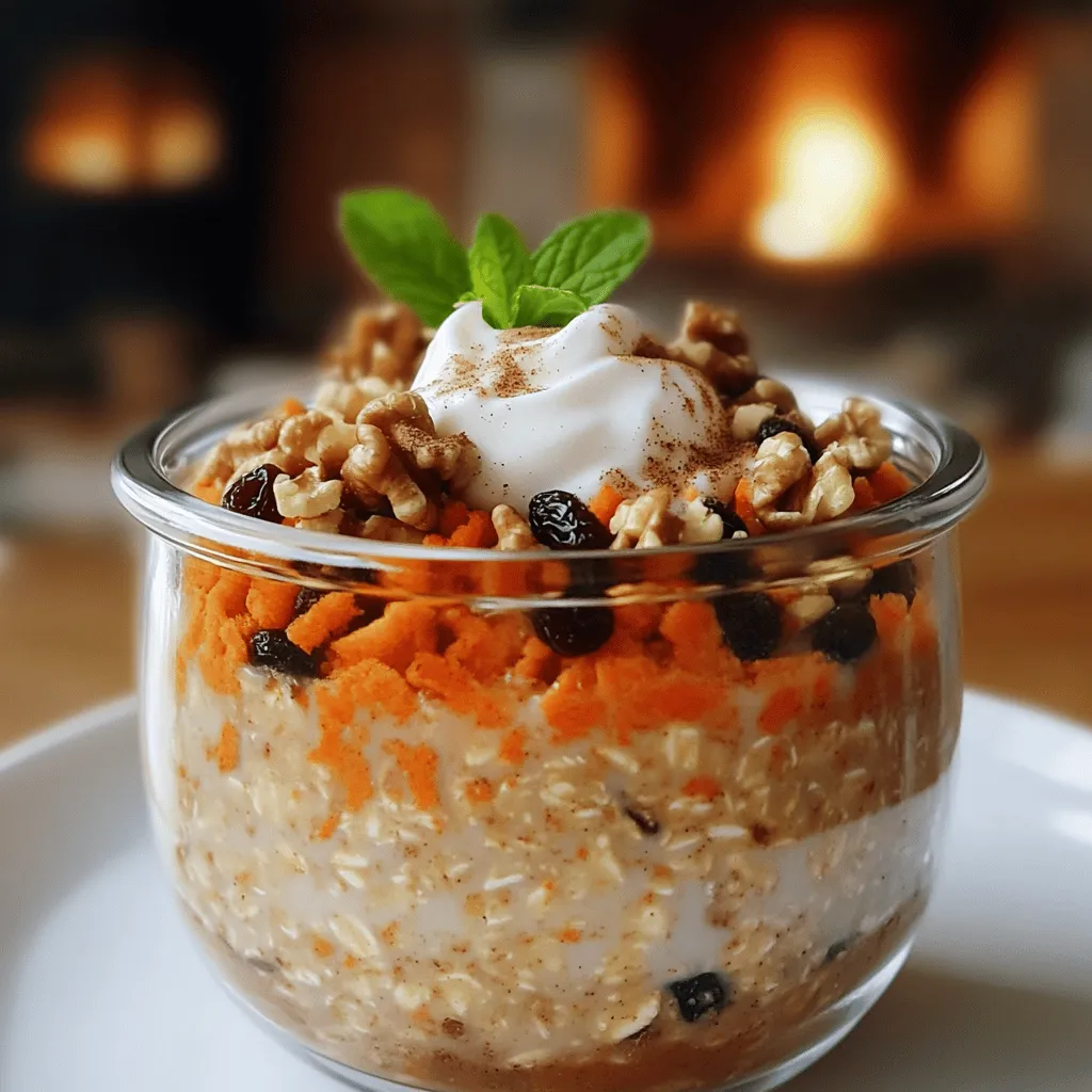 The main ingredients for carrot cake overnight oats are simple. You need rolled oats, almond milk, and grated carrots. You will also want maple syrup, vanilla extract, and spices like cinnamon and nutmeg. Greek yogurt adds creaminess, while walnuts and raisins give it texture.