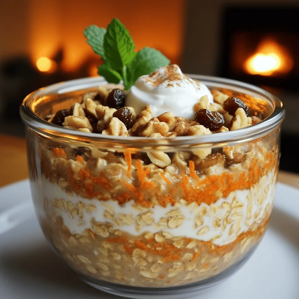 The main ingredients for carrot cake overnight oats are simple. You need rolled oats, almond milk, and grated carrots. You will also want maple syrup, vanilla extract, and spices like cinnamon and nutmeg. Greek yogurt adds creaminess, while walnuts and raisins give it texture.