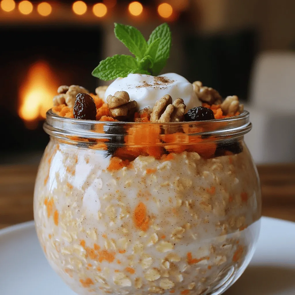 The main ingredients for carrot cake overnight oats are simple. You need rolled oats, almond milk, and grated carrots. You will also want maple syrup, vanilla extract, and spices like cinnamon and nutmeg. Greek yogurt adds creaminess, while walnuts and raisins give it texture.