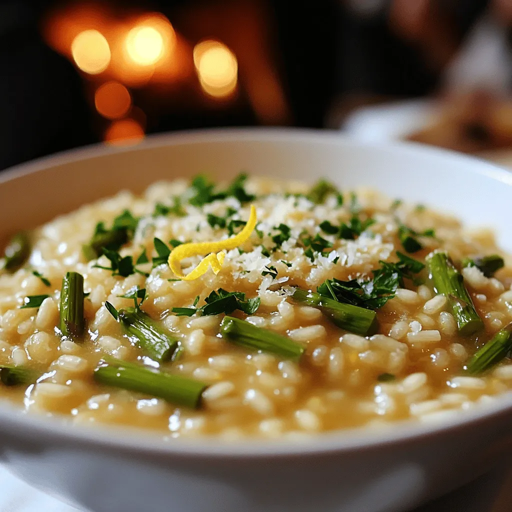 To make creamy lemon risotto with asparagus, you need a few key ingredients. First, Arborio rice is the star of the dish. It gives the risotto its creamy texture. You will also need vegetable broth, which adds flavor and moisture. Fresh asparagus adds a crisp bite and bright color.
