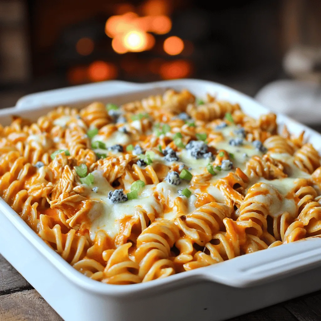 For the perfect Buffalo chicken pasta bake, you need a few key ingredients. Start with <strong>2 cups of rotini pasta</strong>. This shape holds the sauce well and adds a nice bite. Next, you’ll need <strong>2 cups of cooked chicken</strong>, shredded. You can use rotisserie chicken for ease.” /></p>
</p>
<h2>How can I customize my Buffalo Chicken Pasta Bake?</h2>
</p>
<p>You can make your Buffalo chicken pasta bake unique by adding personal touches.</p>
</p>
<h3>What are some popular variations of Buffalo Chicken Pasta Bake?</h3>
</p>
<p>Many people enjoy adding different types of cheese. Try using cheddar or pepper jack for extra flavor. You can also mix in some ranch dressing for a tangy twist. If you like spice, add jalapeños or hot sauce. You can even swap the rotini for penne or shells. These small changes can make a big impact.</p>
</p>
<h3>How can I incorporate different vegetables for added nutrition?</h3>
</p>
<p>Adding veggies boosts nutrition and flavor. You can mix in cooked broccoli, spinach, or bell peppers. These vegetables add color and crunch. You can also use frozen veggies if fresh ones are not available. Just make sure to cook them slightly before mixing them in. This helps keep the bake from becoming too watery.</p>
</p>
<h3>What vegetarian options can I consider for this dish?</h3>
</p>
<p>If you want a vegetarian version, replace the chicken with beans or lentils. You can use chickpeas for a hearty texture. Another option is to use cauliflower. Just roast it first to enhance the flavor. You can still use buffalo sauce and cream cheese for that rich taste. This way, you can enjoy the dish while keeping it meat-free.</p>
</p>
<p>For more details on making this delicious dish, check out the Full Recipe.</p>
</p>
<h2>What are the best serving suggestions for Buffalo Chicken Pasta Bake?</h2>
</p>
<p>Buffalo chicken pasta bake is a crowd-pleaser. You can serve it in many fun ways.</p>
</p>
<h3>What side dishes pair well with Buffalo Chicken Pasta Bake?</h3>
</p>
<p>This dish pairs well with a fresh salad. A simple garden salad with lettuce, tomatoes, and cucumbers works great. You can also try serving it with garlic bread or cheesy breadsticks. They complement the spicy flavors nicely. If you want more crunch, consider serving veggie sticks with ranch dressing. These sides add color and balance to your meal.</p>
</p>
<h3>How can I present my dish attractively for gatherings?</h3>
</p>
<p>To make your dish stand out, use a large, bright baking dish. After baking, let it cool for a few minutes. Then, sprinkle green onions on top for a pop of color. Serve with a side of extra buffalo sauce for those who like it spicy. You can also place some blue cheese crumbles in a small bowl on the side. This makes the dish look inviting and fun for gatherings.</p>
</p>
<h3>Are there specific drinks that complement this dish?</h3>
</p>
<p>For drinks, I recommend a light beer or a crisp white wine. A cold lemonade also pairs well with the heat of the buffalo sauce. If you want something non-alcoholic, try iced tea with lemon. These drinks balance the flavors and keep your guests happy.</p>
</p>
<p>With these serving ideas, your buffalo chicken pasta bake will shine at any event! For the full recipe, check out the details above.</p>
</p>
<p><img decoding=