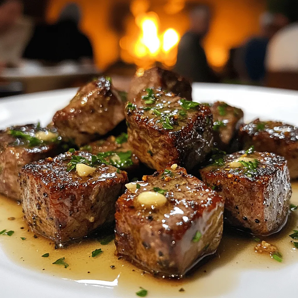 To make garlic butter steak bites, you need a few key ingredients. Start with <strong>sirloin steak</strong>. This cut is tender and flavorful, making it the best choice for bites. You want your steak cut into 1-inch cubes for even cooking.” /></p>
</p>
<h2>What Cooking Methods Work Best for Steak Bites?</h2>
</p>
<p>Cooking steak bites can be fun and easy. You can use a skillet or grill to make them. Both methods give great flavor and texture.</p>
</p>
<h3>How do you cook steak bites in a skillet?</h3>
</p>
<p>To cook steak bites in a skillet, start with a hot pan. I recommend a cast iron skillet for best results. Add some butter and let it melt. Once it’s hot, add the steak cubes in a single layer. Sear them for about 2-3 minutes on each side. This helps keep the juices inside. After they are done, add garlic and herbs for extra flavor. Finish with more butter for a rich sauce. You can find the full recipe to guide you through this process.</p>
</p>
<h3>What advantages does grilling steak bites offer?</h3>
</p>
<p>Grilling steak bites adds a smoky flavor. The high heat from the grill creates a nice char. This enhances the taste and texture. You can also cook more steak bites at once on a grill. Plus, grilling gives you that classic barbecue taste. If you enjoy outdoor cooking, grilling is a great choice.</p>
</p>
<h3>What are some cooking time guidelines for perfect steak bites?</h3>
</p>
<p>For perfect steak bites, timing is key. Cook them for about 2-3 minutes on each side for medium-rare. Use a meat thermometer to check the internal temperature. Aim for 130°F or 54°C. If you prefer them more done, add an extra minute or two per side. Always let the steak rest for a few minutes after cooking. This helps keep it juicy and tender.</p>
</p>
<h2>How Can You Serve Garlic Butter Steak Bites?</h2>
</p>
<p>Garlic butter steak bites are a treat. You can serve them in many fun ways. Here are some ideas to make your meal shine.</p>
</p>
<h3>What are some creative serving ideas for steak bites?</h3>
</p>
<p>You can serve steak bites on a large platter. Drizzle the buttery sauce over the top. This adds a nice touch and makes it look fancy. You can also use small skewers or toothpicks. This makes it easy for guests to grab and enjoy. Consider adding some fresh herbs as a garnish. This will make your dish pop with color.</p>
</p>
<h3>What side dishes pair well with garlic butter steak bites?</h3>
</p>
<p>Steak bites go well with many sides. A simple green salad adds freshness. Roasted veggies are also a great choice. You can try mashed potatoes for a creamy side. Crusty bread works well too. It helps soak up the tasty garlic butter sauce. Another good option is rice pilaf. It adds flavor and texture.</p>
</p>
<h3>How can you turn steak bites into appetizers for parties?</h3>
</p>
<p>Turning steak bites into appetizers is easy. Just cut them into smaller pieces. Serve them on small plates or shareable boards. Add some dipping sauces like a spicy aioli or a chimichurri. These add more flavor and variety. You can even offer a mix of steak bites with different herbs. This gives guests more choices and keeps things exciting.</p>
</p>
<p>For the full recipe, check out the Garlic Butter Steak Bites recipe at the beginning. Enjoy serving these delightful bites!</p>
</p>
<p><img decoding=