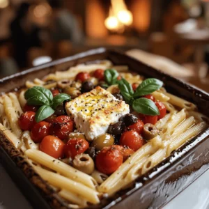 Baked feta pasta is simple and full of flavor. The key ingredients make this dish shine. You will need pasta, feta cheese, cherry tomatoes, olives, garlic, and olive oil.