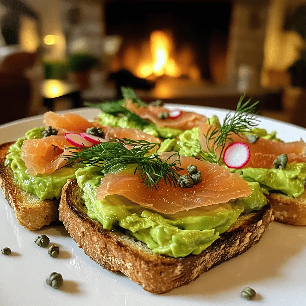 To make avocado toast au saumon fumé, you need a few key ingredients. Start with two ripe avocados. They should be soft but not mushy. You'll also need four slices of sourdough bread. This bread gives a nice crunch. For the star of the dish, use 200 grams of smoked salmon. This adds a rich flavor. You will also need lemon juice, olive oil, salt, and pepper. These help enhance the creamy avocado spread. Lastly, capers and fresh dill add brightness and style.