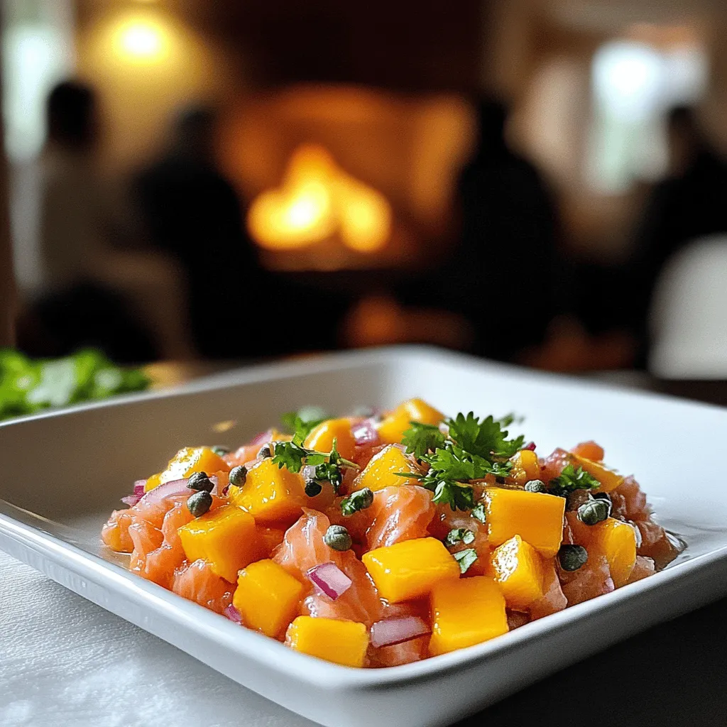 The Tartare de Saumon Mangue recipe shines with fresh ingredients. For this dish, you need sushi-grade salmon, ripe mango, red onion, capers, soy sauce, sesame oil, lime juice, and cilantro. Here’s how to make salmon tartare that bursts with flavor.