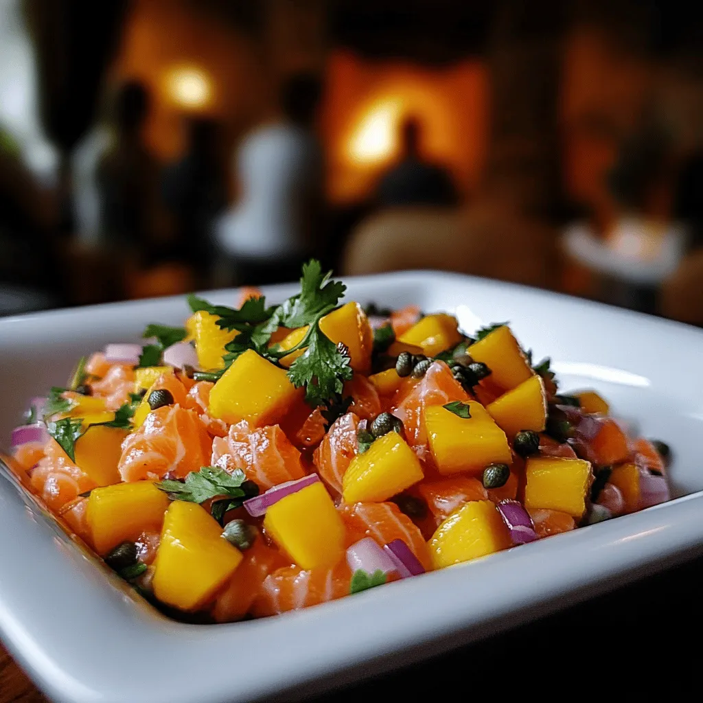The Tartare de Saumon Mangue recipe shines with fresh ingredients. For this dish, you need sushi-grade salmon, ripe mango, red onion, capers, soy sauce, sesame oil, lime juice, and cilantro. Here’s how to make salmon tartare that bursts with flavor.