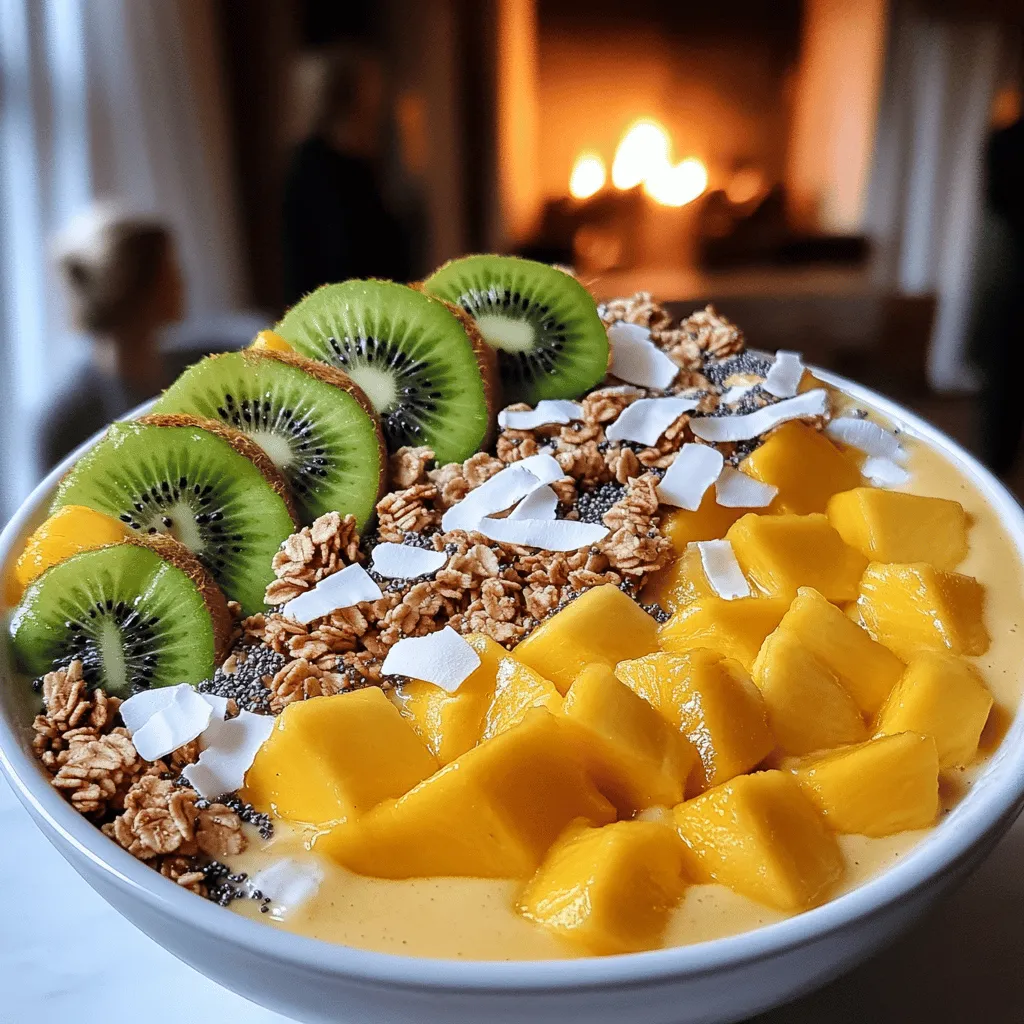 For a mango and coconut smoothie bowl, you need key ingredients. First, ripe mangoes are a must. They give the bowl a sweet and tropical taste. You should use about two diced mangoes. Next, coconut milk adds creaminess. You can choose canned or carton coconut milk. I recommend one cup for a rich flavor.