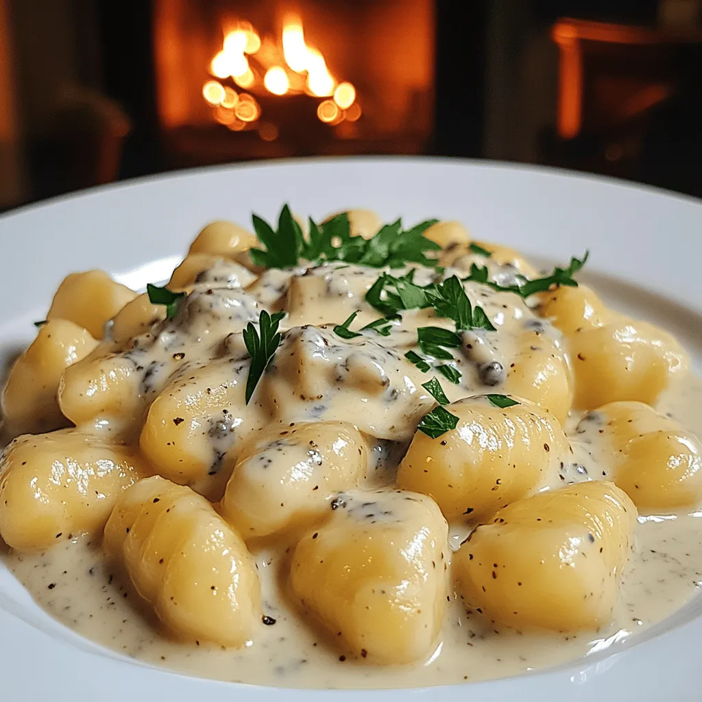 To make gnocchis à la sauce gorgonzola, you need fresh potato gnocchi. You can buy them or make easy homemade pasta. For the sauce, gather heavy cream, Gorgonzola cheese, olive oil, garlic, black pepper, nutmeg, and Parmesan cheese. Lastly, fresh parsley adds a lovely touch.