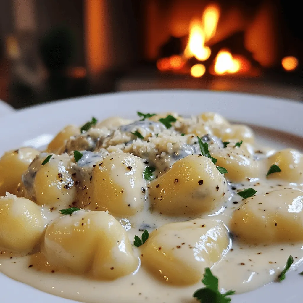 To make gnocchis à la sauce gorgonzola, you need fresh potato gnocchi. You can buy them or make easy homemade pasta. For the sauce, gather heavy cream, Gorgonzola cheese, olive oil, garlic, black pepper, nutmeg, and Parmesan cheese. Lastly, fresh parsley adds a lovely touch.