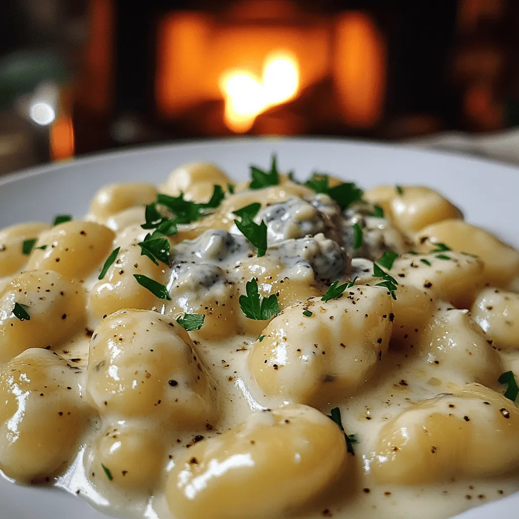 To make gnocchis à la sauce gorgonzola, you need fresh potato gnocchi. You can buy them or make easy homemade pasta. For the sauce, gather heavy cream, Gorgonzola cheese, olive oil, garlic, black pepper, nutmeg, and Parmesan cheese. Lastly, fresh parsley adds a lovely touch.