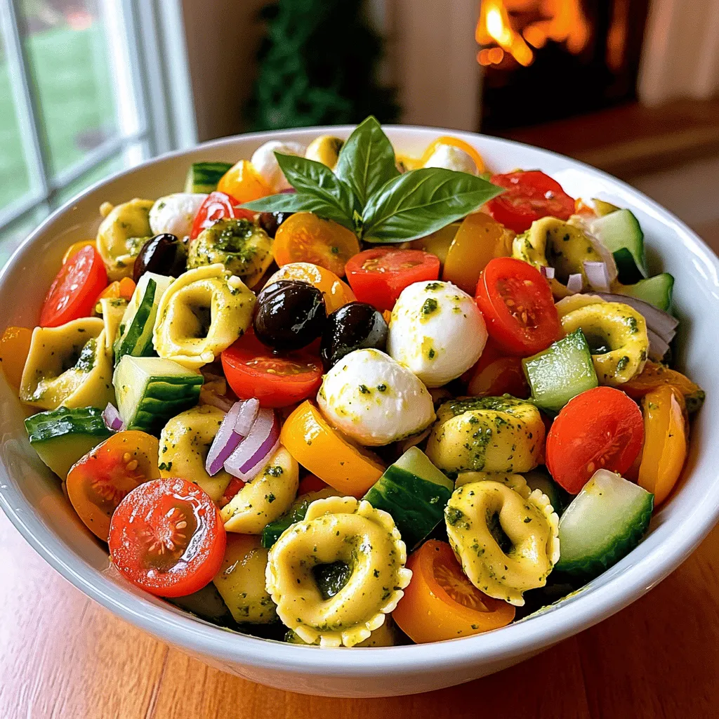 Pesto tortellini pasta salad is all about great ingredients. You want to start with fresh cheese tortellini. Use about 12 ounces for a full dish. Cheese-filled tortellini gives a creamy taste that blends well with pesto.
